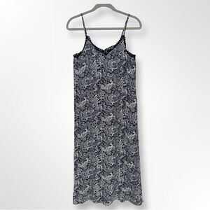 The Kooples Small Midi Slip Paisley Print Lace Trim Dress Black White NEW